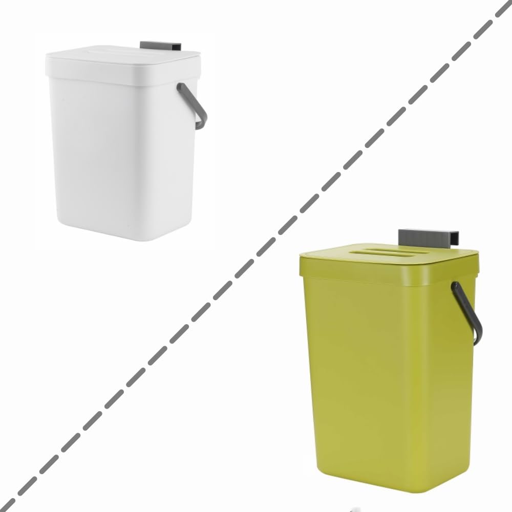 stonespace 3.2 Gallon/12L Green Small Trash Can with Lid for Kitchen Cabine and 1.3 Gallon/ 5L White Compost Bin Indoor Kitchen