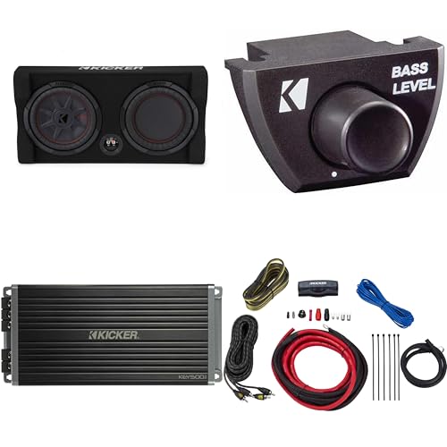 Kicker Comp RT 10 Inch 48TRTP102 Thin Down Firing Enclosure Package with 47KEY5001, Bass Knob & Amp Install kit Bundle