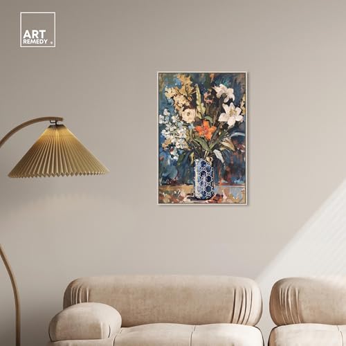 Image of Art Remedy Blue Floral Vase Canvas Floral Vase Wall Art, Silver Frame, 20 inch x 30 inch