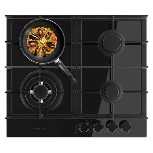 Cecotec Placa de Gas 4 Fuegos Bolero Squad G 4400F Glass Black. 8kW, Glass Black, Parrillas Hierro Fundido, Quemador WOK Triple Corona, Encendido Electrónico, Seguridad en Válvulas, Accesorio de Gas
