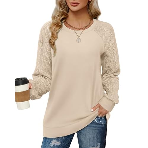Jescakoo Sweatshirts for Women Fall Sweaters Cable Knit Sleeve Shirts Fashion 2024