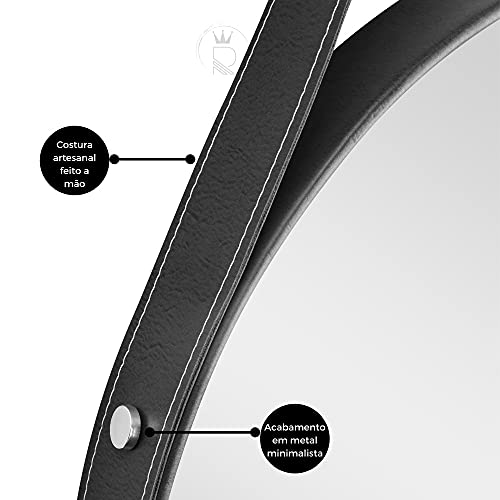 Espelho Adnet Redondo 60cm Alça Couro Duplo - Mod. Premium Preto