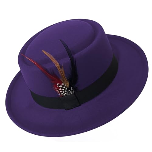 Cotilafi Classic Pork Pie Hat with Feathers Flat Top Fedora Vintage Panama Hats Warm Comfortable Jazz Cap Deeppurple