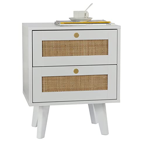 Giluta Rattan Nightstand with 2 Drawers, Solid Wood Bedside Table, Boho Night Stand, Easy Assembly Mid-Century Side Table for Living Room, Bedroom (White/Gold) - Image 7