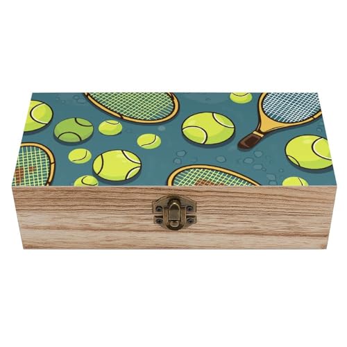 RTFGHJS Aufbewahrungsbox aus Holz, lustige Tennisschläger und Tennisbälle, Retro-Dekor-Box, Andenken-Box mit Scharnierschloss, Schmuck-Aufbewahrungsbehälter, Holz-Geschenkbox für Kunst, Hobby, Zuhause