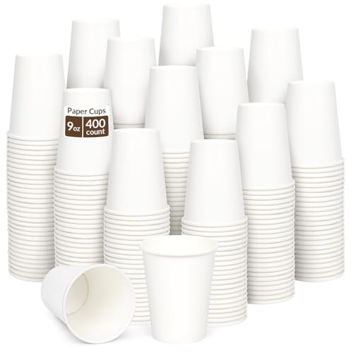 ESSENTIAL 400 Pack 9 oz Disposable Paper Coffee Cups White Drinking Cup for Hot/Cold Beverage Hot Coffee Cups for Party Picnic Travel and Events