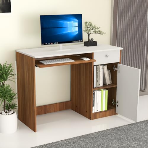 Image of Amazon Brand - Solimo Amber Without Hutch Engineered Wood Study Table, Simple Computer, Laptop, WFH Office Desk, Leon Teak and White, 90 cm x 55 cm x 83 cm