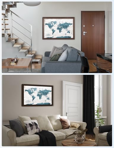 Image of IPIC - Large Personalized World Map Canvas Wall Art, Push Pin Travel Map with Custom Names to Track Your Travels, Vintage Teal Framed Wall Decor for Home, Office or RV, Ready to Hang
