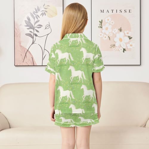 Satin Pajama Sets Short Sleeve White Horses on Green Background Button Down Silky Nightwear 2 Piece PJS 5-14Y4