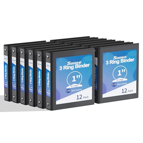 SUNEE 3 Ring Binders 1 Inch 12 Pack, Clear View Three Ring PVC-Free (Fit 8.5x11 Inches) for School or Office Supplies, Black