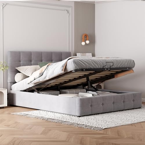 Cama Tapizada con Almacenamiento Hidráulico, Cabecera Tapizada Ajustable, Listones De Metal, Tela Lujosa, Duradera Y Fácil De Montar Elegancia clásica(Color:Gray)