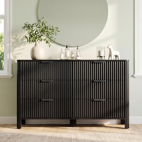 Image of Wodeer 6 Drawer Black Dresser for Bedroom, 47 inchW Wood Storage Cabinet with Fluted Design, Modern Chest of Drawers & TV Stand for Living Room, Nursery Clothing Organizer with Metal Slides, Anti-Tipping