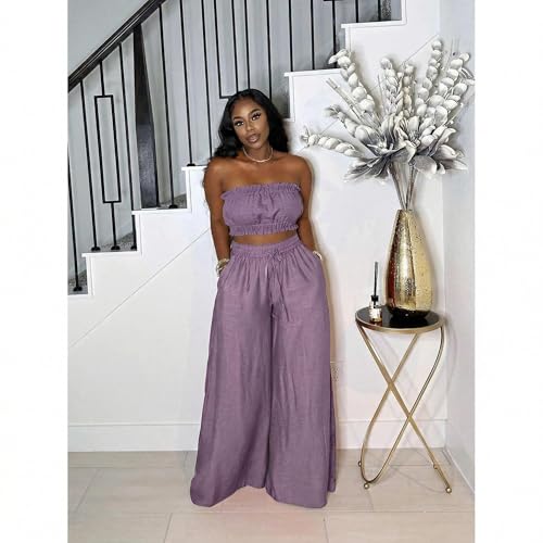 Image of Two Piece Sets for Women Summer Outfits Crop Tops and Wide Leg Pants Sets Sexy Jumpsuits Vacation Outfits with Pockets