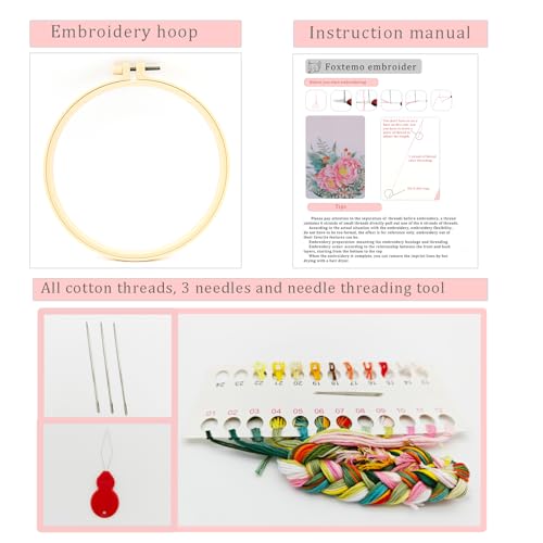 FOXTEMO Kit de bordado para iniciantes e adultos, 1 pacote de argolas de bordado de 20 cm, kit de bo