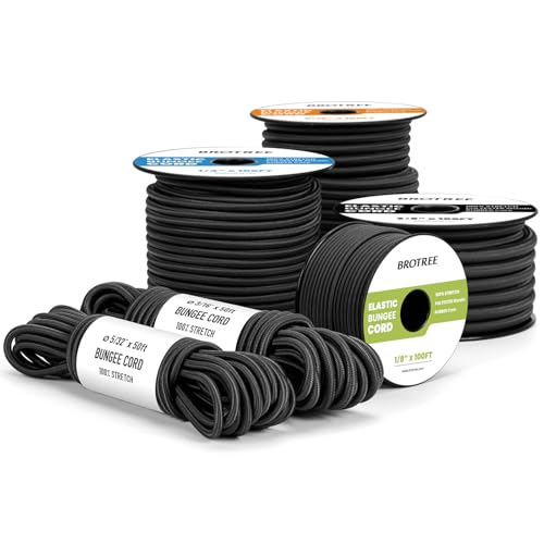 Brotree Bungee Cord Elastic Shock Cord 1/8' x 10' Bungee Rope for DIY, Tie Downs, Kayak and Outdoor - Black