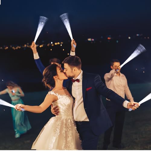 Aurelema 50 Pcs White Fiber Optic Wands with Metal Bucket Glow Sticks LED Wedding Sparklers Bulk with 50 Cards a Photo Frame a Roll of Ribbon for Wedding Bridal Shower Birthday Valentine\'s Gift