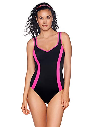 Reebok Women's Swimwear Sport Fashion Colorblock V-Neckline One Piece Swimsuit, Black/Pink, 16