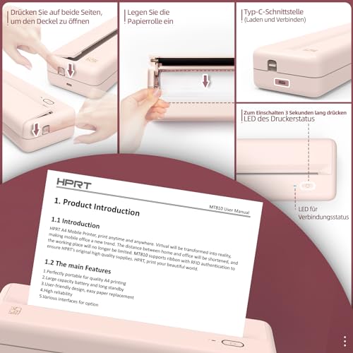 HPRT MT810 Thermal Printer A4, Printer Bluetooth for Mobile Phone, Mobile Mobile Printer, Mobile Printer A4 for Travel, for Business Trip, Outdoor, Home Use, DIY, Pink