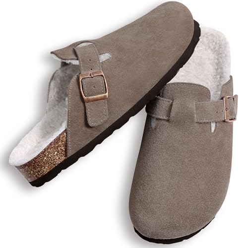 Image of KIDMI Women's Fur Lined Genuine Suede Clogs Fuzzy Cork Footbed Potato Shoes | Adjustable Metal Buckle, Non-slip Rubber Soles, Cushioning, Cozy and Warm, Supportive, Indoor, Outdoor, Winter, Casual