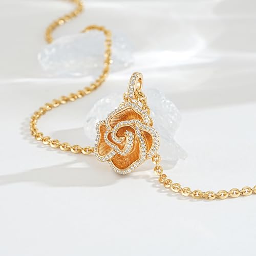 Fettero Gold Charm Necklace for Women, 14K Gold Plated Rose Paw Pendant Necklace, Dainty CZ Jewelry Necklaces for Women Gifts