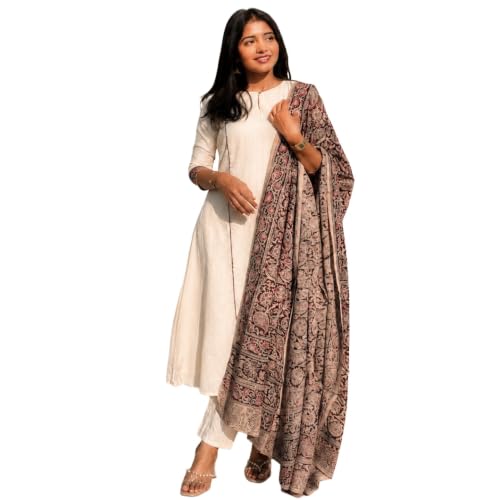 GoSriKi Women's Straight Cotton Printed Kurta with Pant and Dupatta (Syeti White-GS_XL_White_XL)