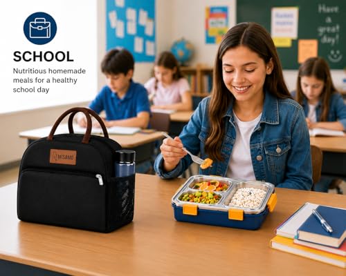 Image of Misamo Enterprise Lunch Box with Insulated Lunch Bag Combo, 3 Compartment Stainless Steel Lunch Box with Spoon & Fork, Reusable Lunch Set for Office, School & Travel (Black Bag+Blue Lunch Box)