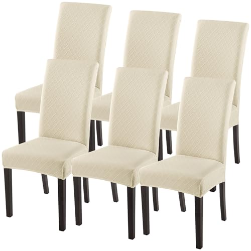 Image of SearchI Dining Room Chair Covers Set of 6, Stretch Jacquard Parsons Chair Slipcovers Super Fit Removable Washable Kitchen Chair Protector Cover for Dining Room, Hotel, Ceremony (Beige Rhombus)