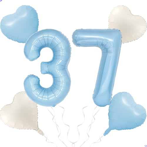 Blue 37 Balloon Number Pastel Blue Birthday Party Decor for Girls Boys, 40inch Big Sky Blue Balloon Foil Mylar 37 Birthday Balloon for 37th Birthday Party Anniversary Decorations Supplies Favors