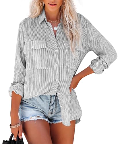 NONSAR Blusa para mujer de manga larga con rayas, camisa casual a rayas, de algodón, túnica, manga larga, blusa de lino, XL