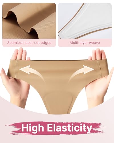 Image of Seamless Workout Thongs for Women - No Show Womens Underwear with Wide Gusset Invisible Panties Nude&Black 2 Pack