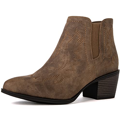 GLOBALWIN Cowboy Boots For Women Western Style Comfortable Pull On Short Ankle Cowgirl Boots Low Heel Camel Size 8.5M
