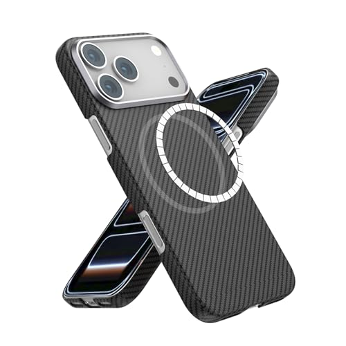 KUNYOS Funda iPhone 17 Pro MAX, de Fibra de aramida, Carbono, magnética, Delgada y Ligera, Protectora, Impermeable, con Soporte de Anillo (Black Magnetic 600D, iPhone 17 Pro)