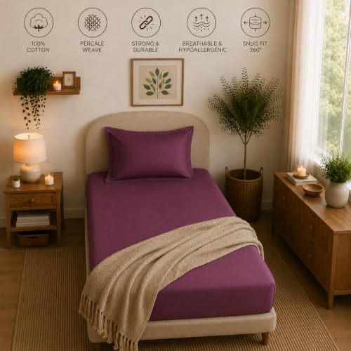Image of Linen Home Cotton Percale Fitted Bedsheet Set Single Size Damson Berry