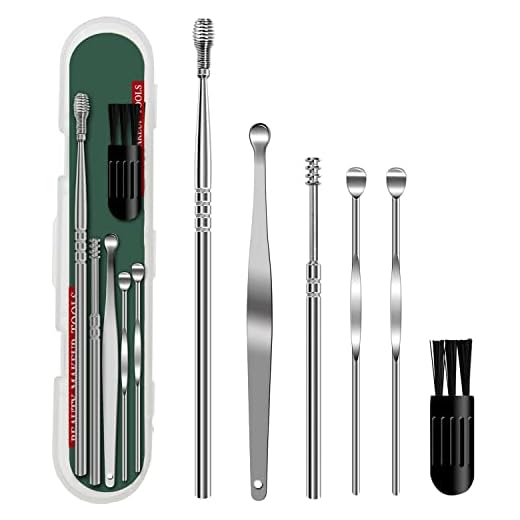 Ear Pick Earwax Removal Tool, 6 Pcs Ear Cleaning Kit, Stainless Steel Ear Wax Remover with Cleaning Brush and Storage Box(Silver)
