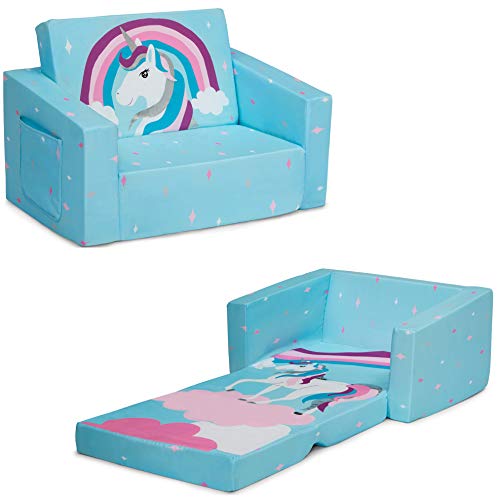 Delta Children Cozee 2-in-1 Convertible Sofa to Lounger - Comfy Flip Open Couch/Sleeper for Kids, Blue Unicorn