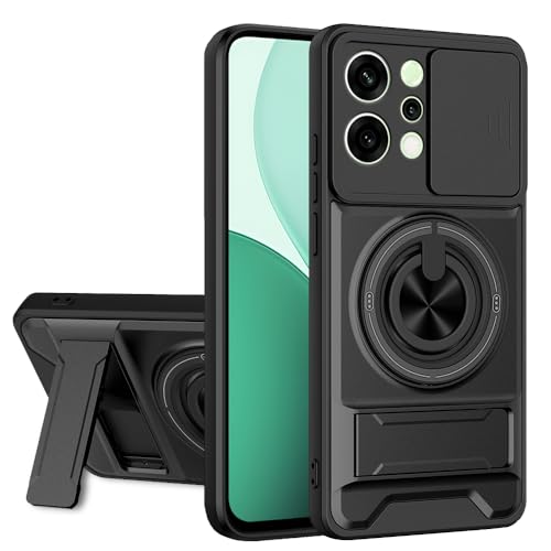 Image of AESTMO Oppo Reno 14 5G Back Cover | Armor Camera Slider 360 Degree Rotating Finger Ring Holder Case with Bracket Stand Back Case Cover for Oppo Reno 14 5G (Compatible with MagSafe Accessories) (Black)