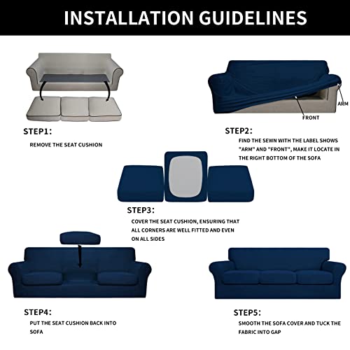 Image of Easy-Going 4 Pieces Stretch Sofa Cover for 3 Cushion Couch Washable | Sofa Slipcover for Stretch 3 Separate Sectional Cushion Couch - Furniture Protector for Pets, Kids Navy