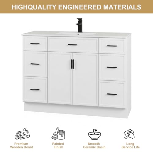 Image of 48 Inch Bathroom Vanity with Sink, Modern Farmhouse Bathroom Vanity Cabinet, Freestanding Bathroom Vanity with 2 Soft Closing Doors & 6 Drawers, Bathroom Sink Storage Cabinet, White(48 inch)