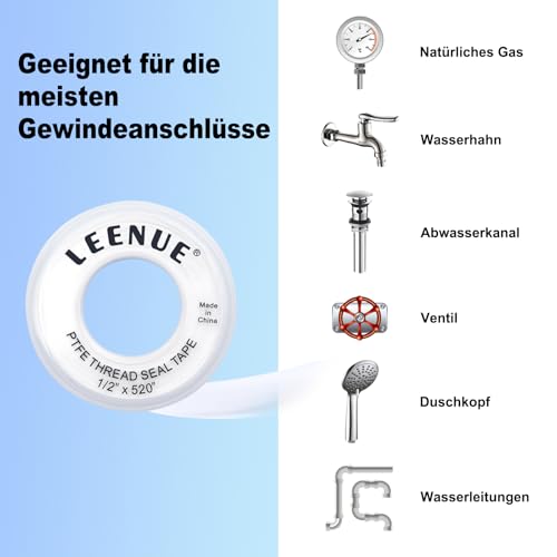 LEENUE Teflonband Gewindedichtband, PTFE Dichtband Wasserleitung 5er Pack, gut Dichtungsband Wasserdicht zum Verhindern von Lecks in Rohren, Duschköpfen und Abwasserkanälen 12mm X 13m Weiß