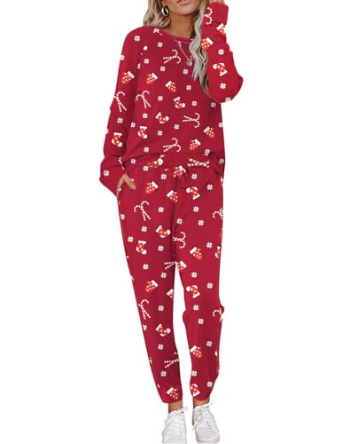Ekouaer Schlafanzug Damen Langarm Pyjama Set Hausanzug Weich Zweiteiliger Bequem Loungesets Rund Ausschnitt Nachtwäsche Rot Weihnachten XXL