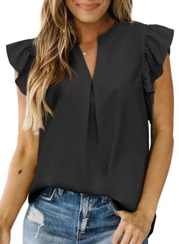 Dokotoo Womens Summer Tops Dressy Casual V Neck Ruffle Short Sleeve Solid Blouses Tops