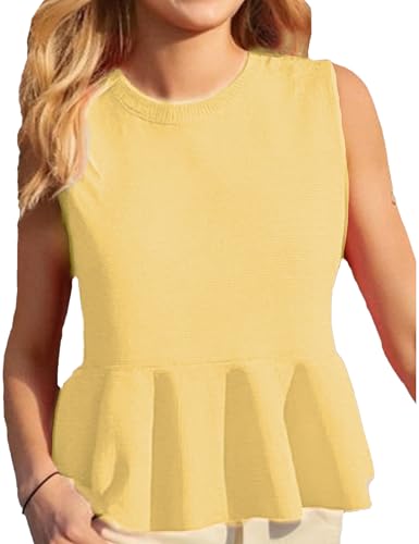 Sweater Vest Women Ruffle Hem Sleeveless Casual Pull-on Crewneck Trendy Crochet Pullover Knit Tank Tops