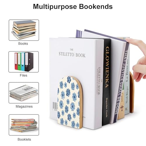 Sujetalibros con estampado de flores azules decorativo, soporte para libros de madera resistente 4
