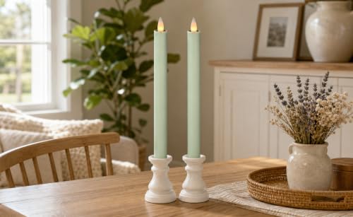 Image of Flameless Taper Candles Flickering with Remote and Timer, 3D Moving Flame Taper Candle Battery Operated to 400 Hours, 9 Inch Window Candles, (Sage Green)