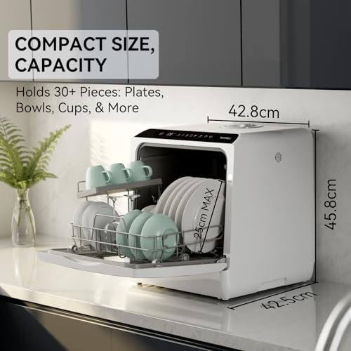Hermitlux Table Top Dishwasher, Mini Countertop Dishwasher with 4 Place Settings, 5L Built-in Water Tank, 6 Programmes, Touch Control, Baby Care and Fruit Wash, White