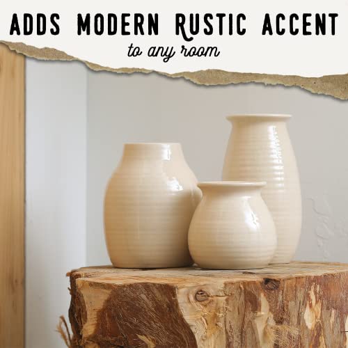 White Vases For Decor - Rustic Home Decor, Modern Farmhouse Decorations - Ceramic Vase For Fireplace Decor - Vases For Flowers, Rustic Decor For Living Room - Farmhouse Decor For The Home, Set Of 3 #TOP2