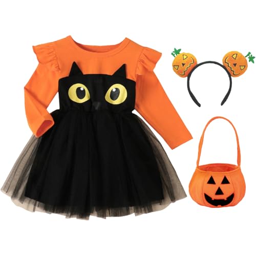 MorLuks Costume da Zucca di Halloween per Bambini, Vestito da Zucca con Borsa e Cerchietto per Capelli, Halloween Pumpkin Tutù Gonna in Tulle Vestito Disfraz per Festa Cosplay Carnevale XL