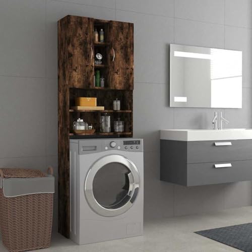 Frdhee Juego de muebles de baño, armario para lavadora, roble ahumado, 64 x 25,5 x 190 cm, armario y lavadora para apartamentos y casas