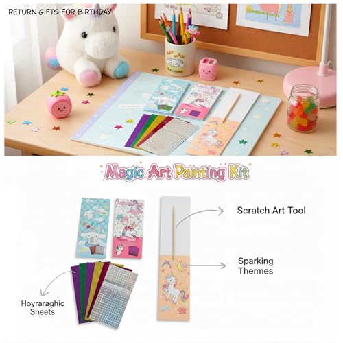 Image of SNAPTRON DIY Return Gifts for Kids Birthday - 12Pcs Magic Scratch Book with 60Pcs Art Foil Paper for Kids, Return Gifts for Children, Unique DIY Scratch Book for 3 4 5 6 7 Age Kid, Best Return Gifts