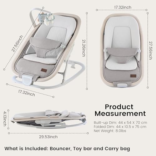 2-in-1 Baby Bouncer & Rocker,Portable Baby Bouncer Seat for Babies 0-9 Months, Baby Rocking Chair with 3 Reclining Positions,Wood Accents,Soft Newborn Insert - Beige